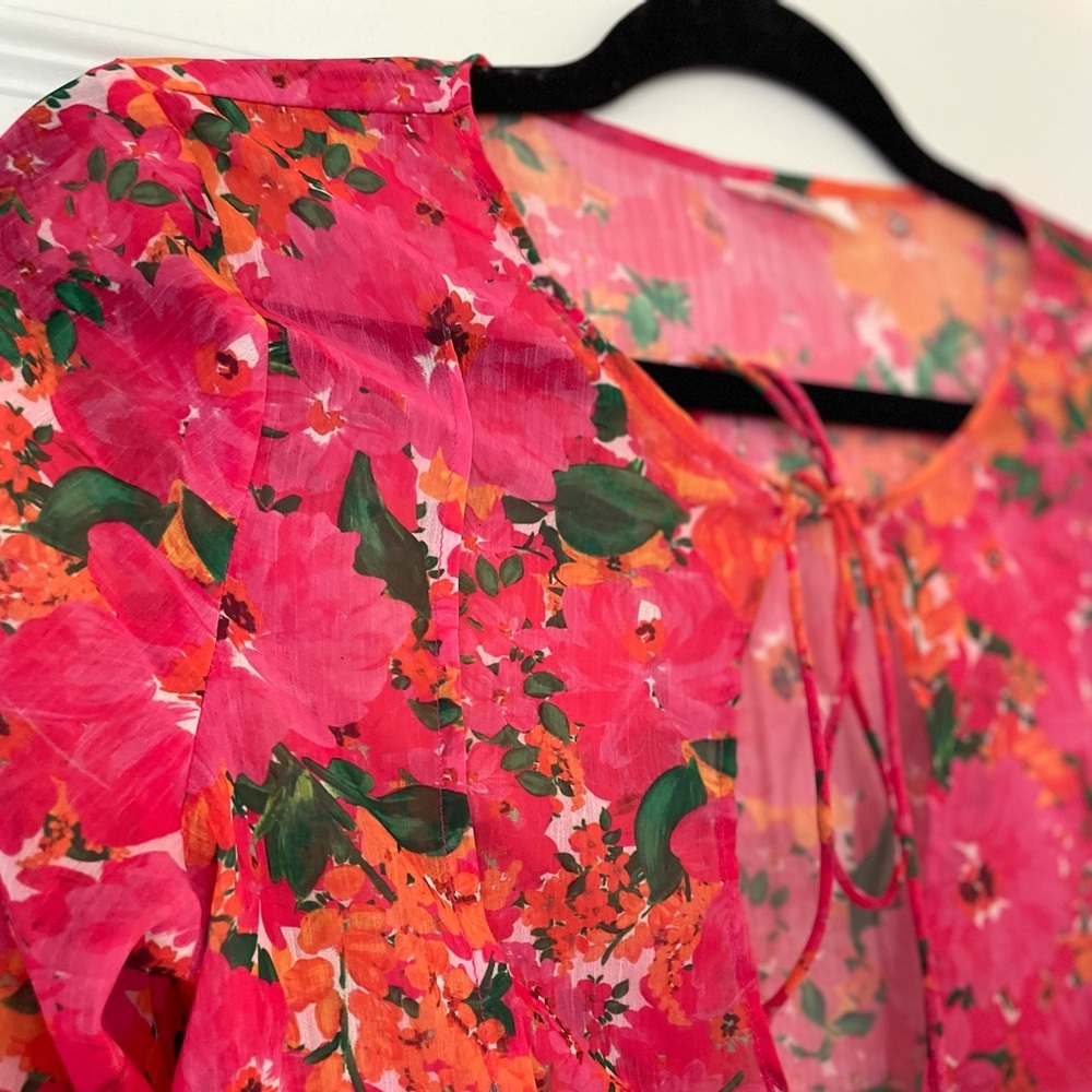 Rumored East End Electric Floral Pink Sheer Top, small - Picture 3 of 8
